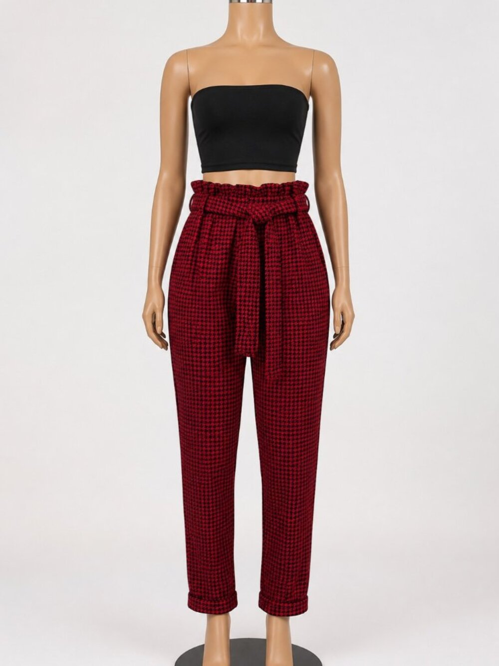 No Boundaries Red &Black Houndstooth Paperbag Pants Tie Waist Size Large 11/13